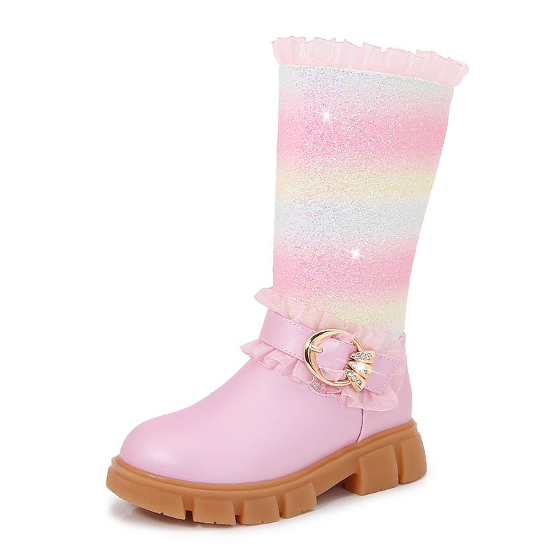 Girls Martin Boots Winter New Fleece-Lined Mid-High Boots Princess Elsa High Heel Little Girls Children'S Shoes - Image 1