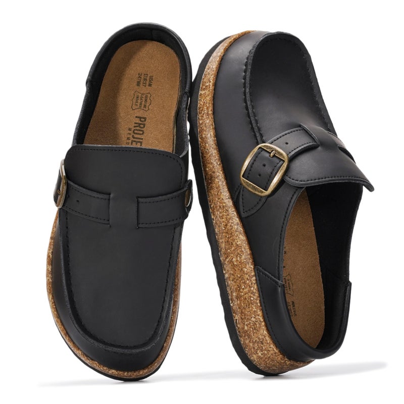 Project Cloud 100% Genuine Leather Moccasin-Style Clogs for Women - Memory Foam and Water Resistant Mules Slip-on - Non-Slip and Durable Clogs Casual Shoes for Women Footwear (Carline, BLKDIS,8.5)