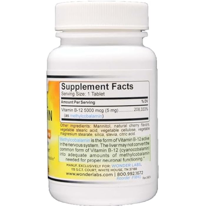 Wonder Laboratories Maximum Strength Methylcobalamin Vitamin B-12, Sublingual Vitamin B-12 5,000mcg 3rd Party Tested for Purity and Potency- 120 Tablets - Image 2