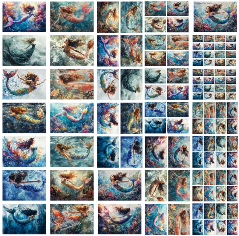 Flonz Decoupage Paper Pack (35 Sheets 6"x8") Mystic Ocean Mermaids ~ Dreamy Underwater Mermaid Illustrations in a Vibrant Fantasy Painting Style, with Flowing Hair, Colorful Tails and Coral Reef backdrops - Image 4