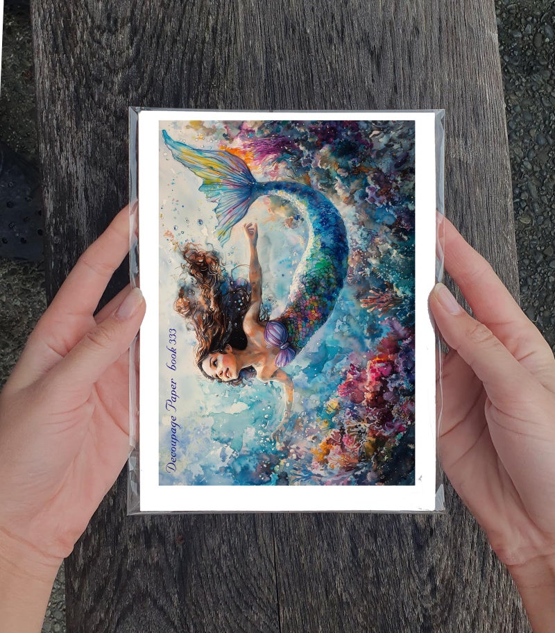 Flonz Decoupage Paper Pack (35 Sheets 6"x8") Mystic Ocean Mermaids ~ Dreamy Underwater Mermaid Illustrations in a Vibrant Fantasy Painting Style, with Flowing Hair, Colorful Tails and Coral Reef backdrops - Image 3