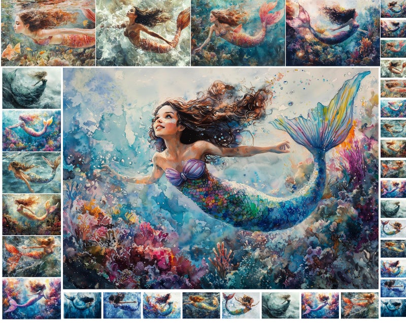 Flonz Decoupage Paper Pack (35 Sheets 6"x8") Mystic Ocean Mermaids ~ Dreamy Underwater Mermaid Illustrations in a Vibrant Fantasy Painting Style, with Flowing Hair, Colorful Tails and Coral Reef backdrops - Image 1