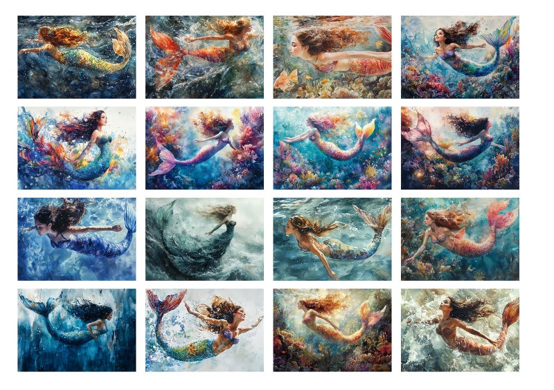 Flonz Decoupage Paper Pack (35 Sheets 6"x8") Mystic Ocean Mermaids ~ Dreamy Underwater Mermaid Illustrations in a Vibrant Fantasy Painting Style, with Flowing Hair, Colorful Tails and Coral Reef backdrops - Image 2