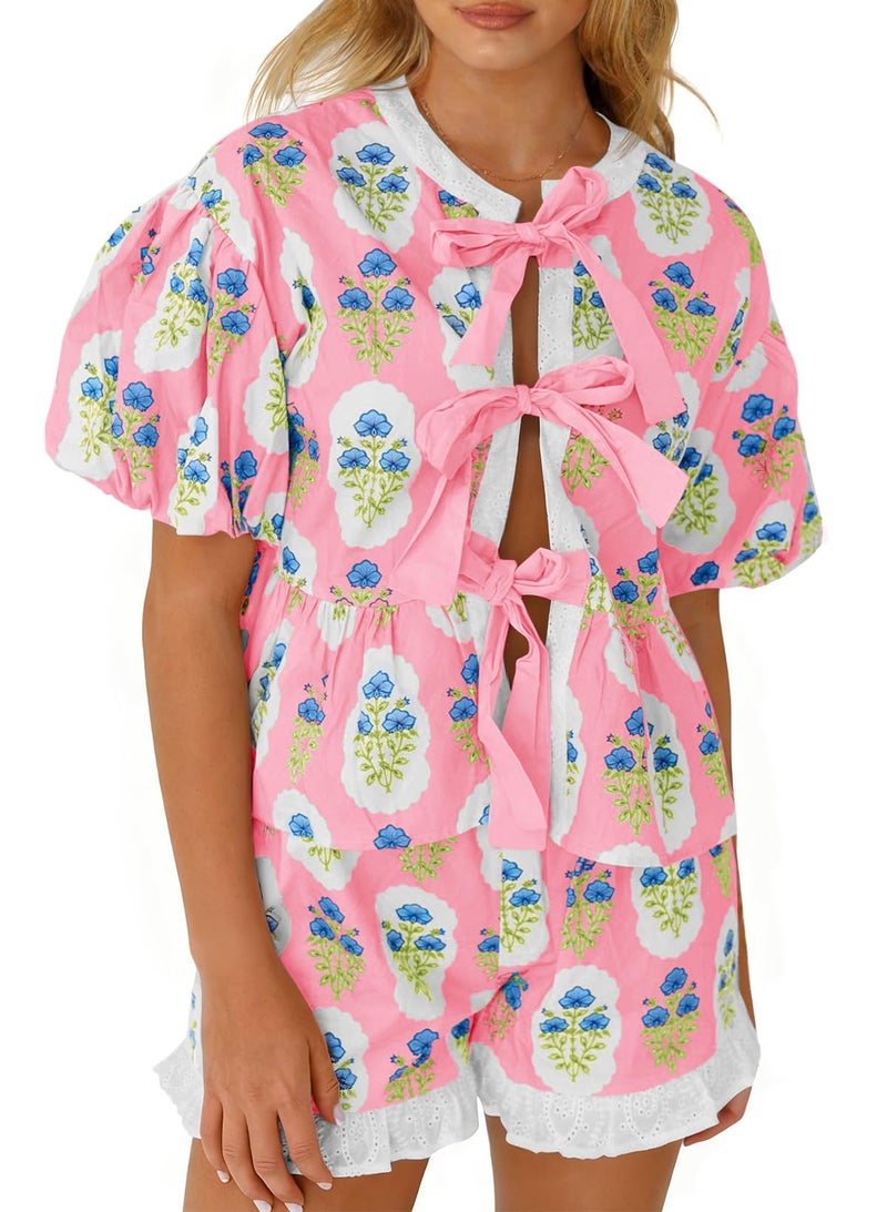 Aoysky Womens Floral 2 Piece Short Sets Summer Vacation Outfits Puff Sleeve Babydoll Blouse Ruffle Shorts Matching Set - Image 1