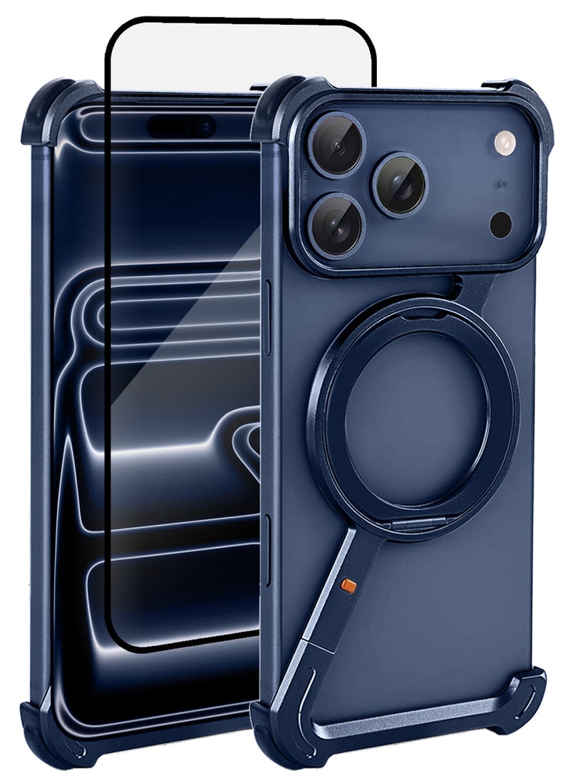CATANES 2 Pieces Magnetic Case Cover for iPhone 17 Pro Max - 360° Rotation Kickstand Aluminum Metal Frameless Design Protective Shock Grade Shell with 3D Screen Protector - Deep Blue - Image 1