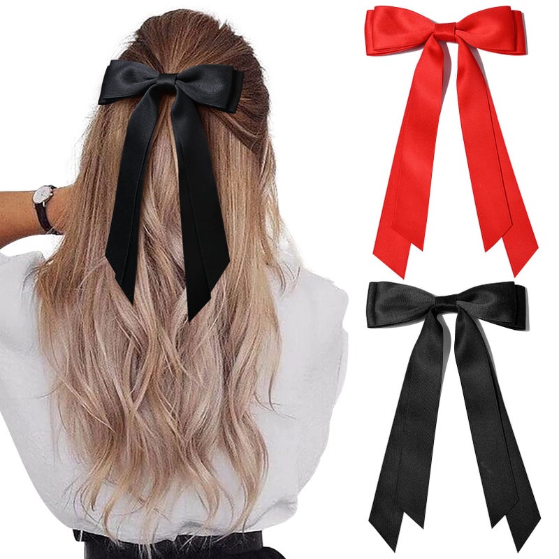 Aileam 2PCS Silky Satin Hair Bows Hair Clip Black Red Hair Ribbon Ponytail Holder Accessories Slides Metal Clips Hair Bow for Women Girls Toddlers Teens Kids