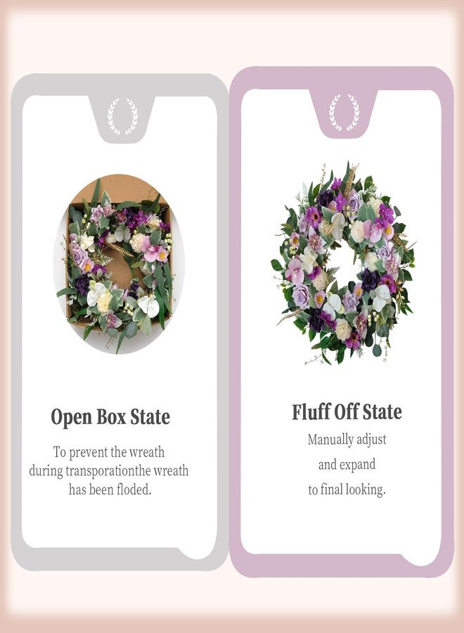 idyllic 22" Artificial Flower Wreath Spring/Summer Floral Wreaths for Front Door with Roses Orchid Gardenia Dahlia Full and Elegant Decor for Inside Outside Wall Window Festival Party Wedding （White Purple） - Image 4