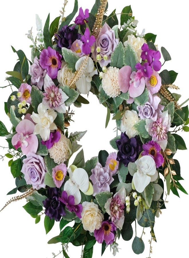 idyllic 22" Artificial Flower Wreath Spring/Summer Floral Wreaths for Front Door with Roses Orchid Gardenia Dahlia Full and Elegant Decor for Inside Outside Wall Window Festival Party Wedding （White Purple） - Image 1