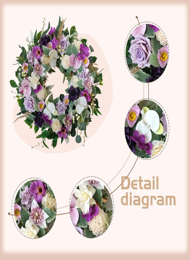 idyllic 22" Artificial Flower Wreath Spring/Summer Floral Wreaths for Front Door with Roses Orchid Gardenia Dahlia Full and Elegant Decor for Inside Outside Wall Window Festival Party Wedding （White Purple） - Image 2