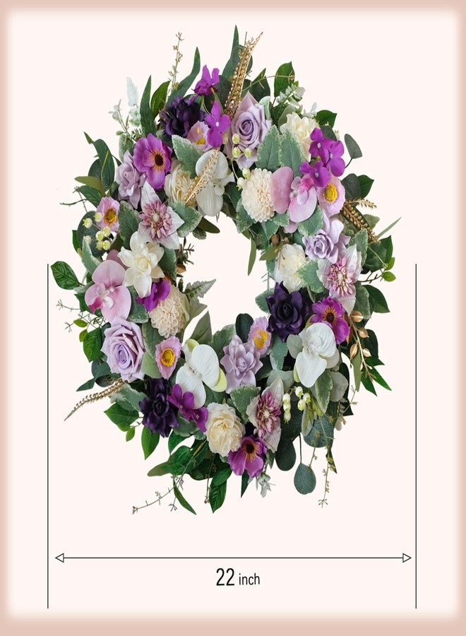 idyllic 22" Artificial Flower Wreath Spring/Summer Floral Wreaths for Front Door with Roses Orchid Gardenia Dahlia Full and Elegant Decor for Inside Outside Wall Window Festival Party Wedding （White Purple） - Image 3