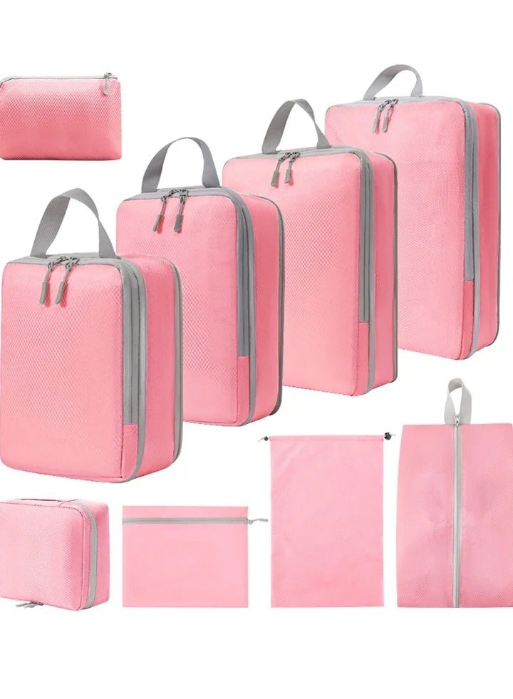 9 Set Compression Packing Cubes for Travel, Lightweight Vacation Travel Essentials, Travel Accessories for Suitcase Organizer Bags Set, Durable Luggage Organizer Travel Bags, Pink - Image 1