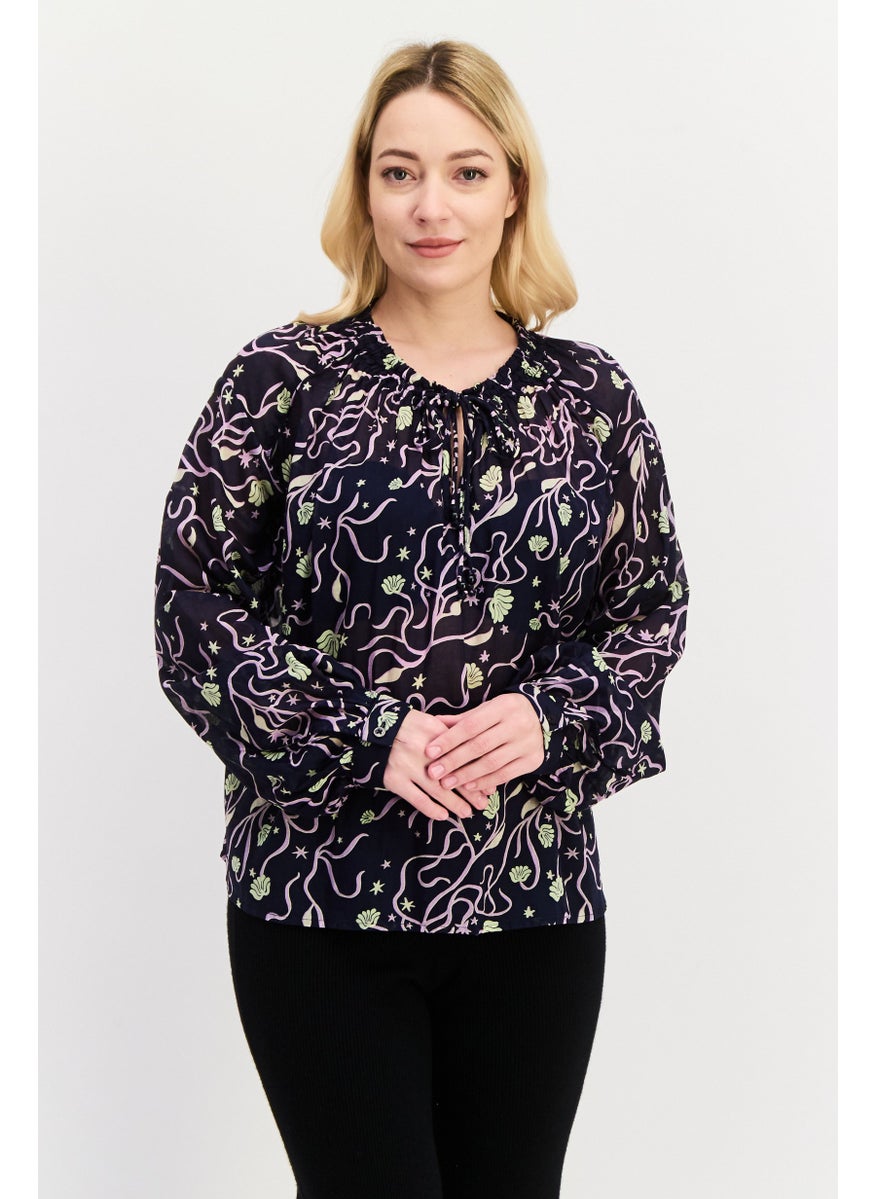 Women Tie Neckline Allover Print Long Sleeve Top, Navy Blue - pzsku/ZB9D5E40FACB23B37CCEEZ/45/_/1737642466/b4bfe5b9-138d-4bd1-9040-a9e9d997ac98