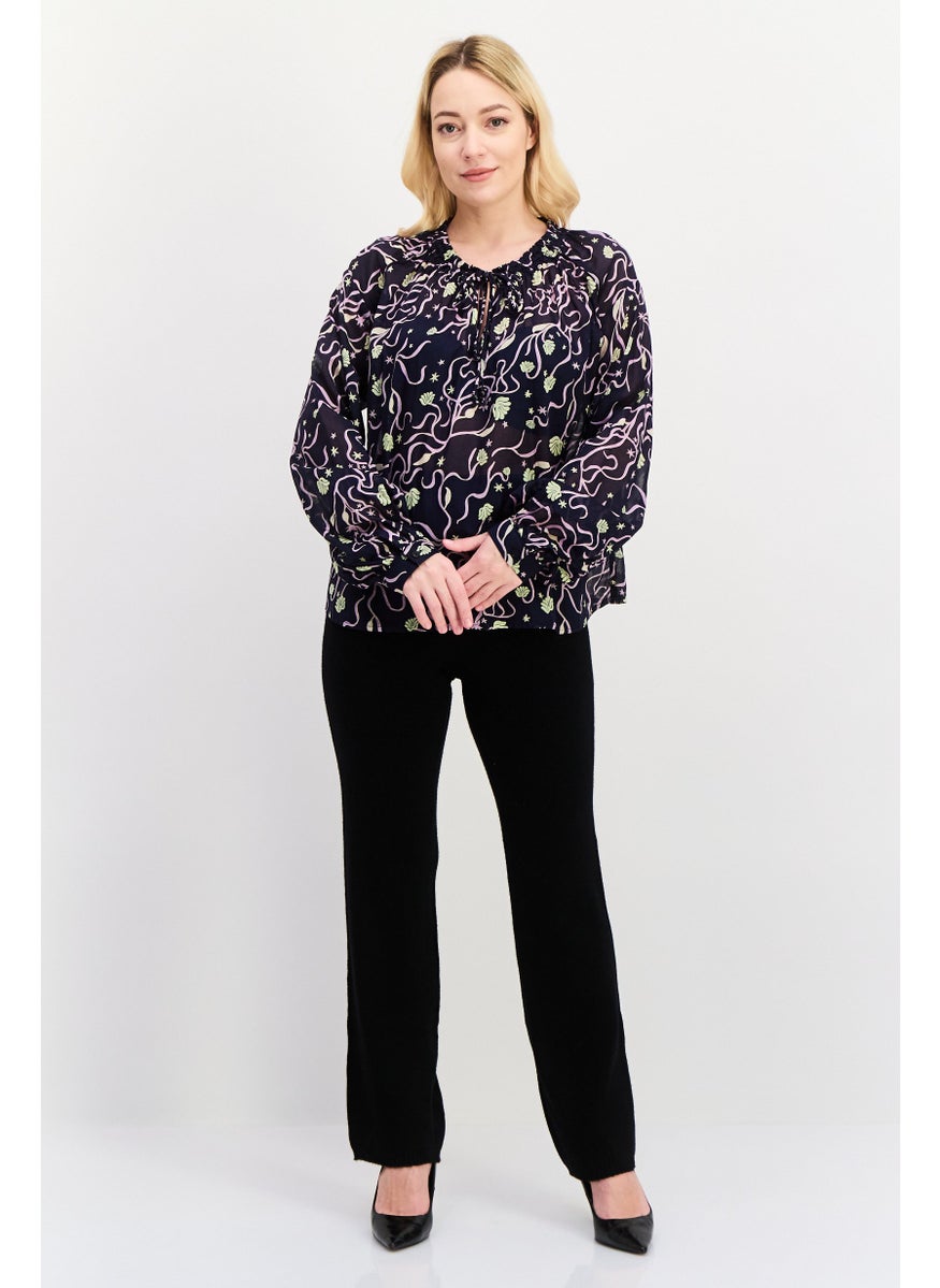 Women Tie Neckline Allover Print Long Sleeve Top, Navy Blue - pzsku/ZB9D5E40FACB23B37CCEEZ/45/_/1737642468/f5caa500-540d-4e8e-932d-0d26f33f36d2