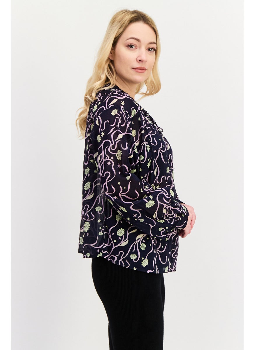 Women Tie Neckline Allover Print Long Sleeve Top, Navy Blue - pzsku/ZB9D5E40FACB23B37CCEEZ/45/_/1739110545/139b4e18-f9ed-4ba8-89cf-0d85f9dd4cf5