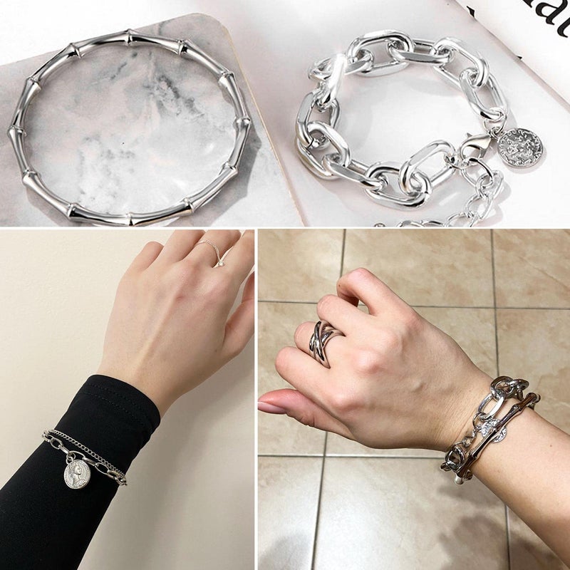 17IF 18 Pcs (6 Pack) Silver Bracelets Set for Women Boho Aesthetic Layered Stackable 14K Bangle Adjustable Cuff Grunge Italian Cuban Charm Chunky Simple Layering Bracelet Jewelry - Image 5
