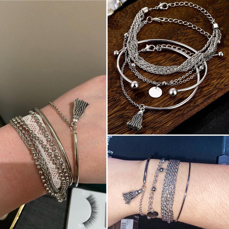 17IF 18 Pcs (6 Pack) Silver Bracelets Set for Women Boho Aesthetic Layered Stackable 14K Bangle Adjustable Cuff Grunge Italian Cuban Charm Chunky Simple Layering Bracelet Jewelry - Image 4