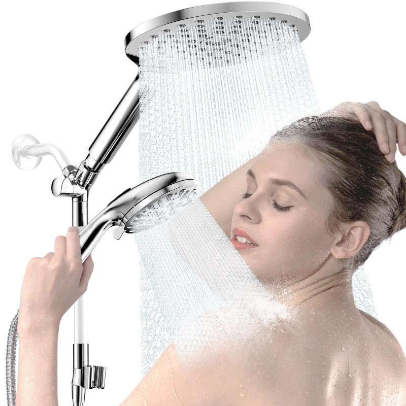KAIYING Dual Shower Heads with Handheld Spray Combo High Pressure Modern Rain Shower Head with 9Mode Handheld Showerhead Double Rainfall Shower Head with 79Inch Stainless Steel Hose Chrome
