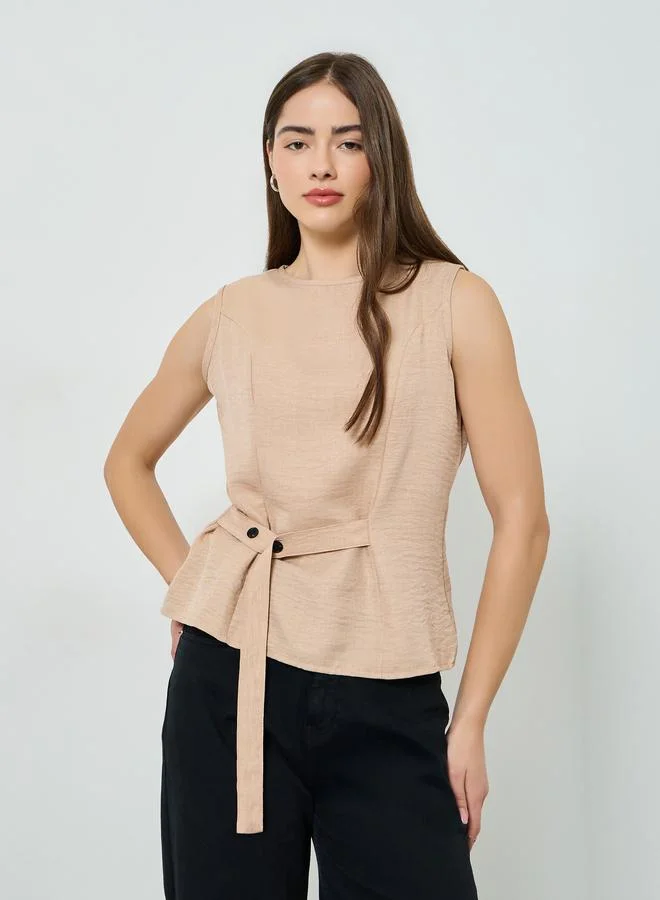 Styli Beige Sleeveless Top with Button Belt