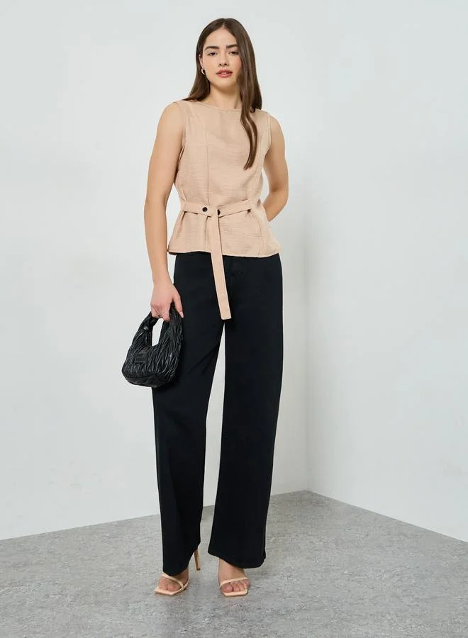 Styli Beige Sleeveless Top with Button Belt