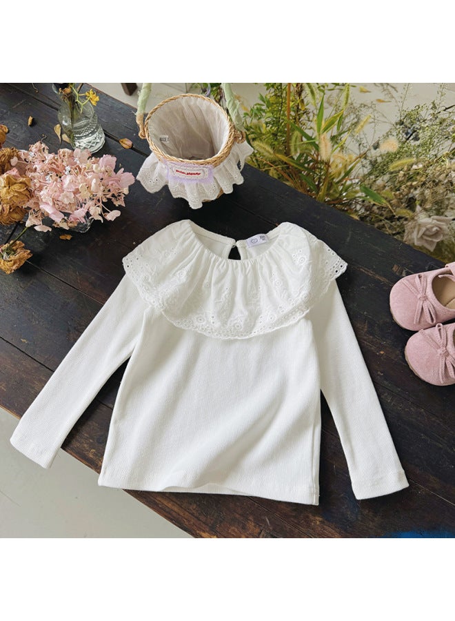 InsNew Solid Color Large Lapel Ruffle Collar White Baby Girl Base Shirt For Spring And Autumn With Long Sleeves