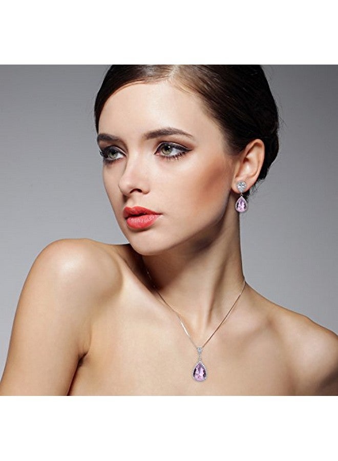 AMYJANE Wedding Jewelry Set For Bridesmaids - Women'S Elegant Sterling Silver Pink Teardrop Crystal Cubic Zirconia Rhinestone Cz Necklace Set Bridal Party Prom Jewelry Sets - Image 2