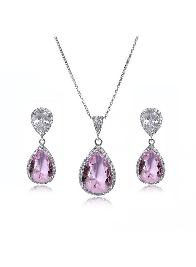 AMYJANE Wedding Jewelry Set For Bridesmaids - Women'S Elegant Sterling Silver Pink Teardrop Crystal Cubic Zirconia Rhinestone Cz Necklace Set Bridal Party Prom Jewelry Sets - Image 1