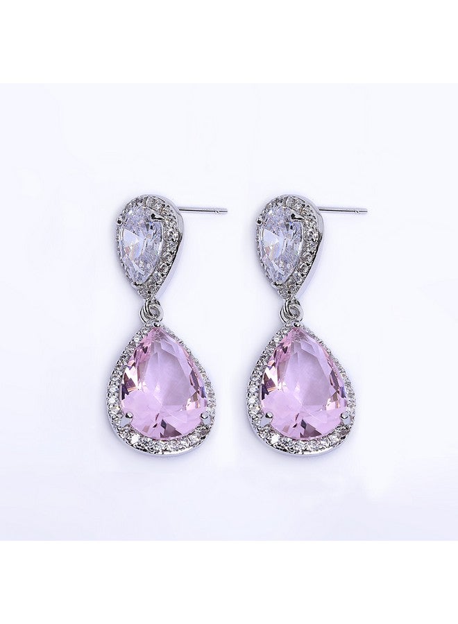 AMYJANE Wedding Jewelry Set For Bridesmaids - Women'S Elegant Sterling Silver Pink Teardrop Crystal Cubic Zirconia Rhinestone Cz Necklace Set Bridal Party Prom Jewelry Sets - Image 3