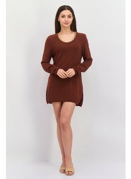 INC Women Round Neck Long Sleeve Textured Sweater, Brown  - Image 4
