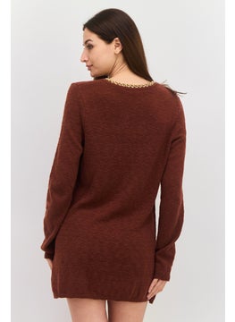 INC Women Round Neck Long Sleeve Textured Sweater, Brown  - Image 3