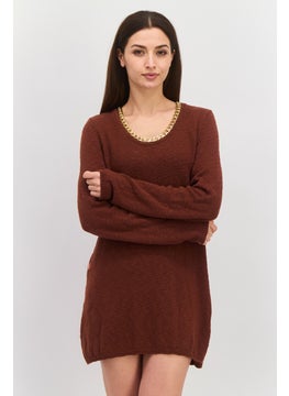 INC Women Round Neck Long Sleeve Textured Sweater, Brown  - Image 1