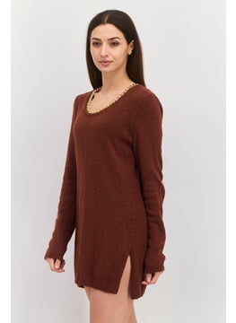 INC Women Round Neck Long Sleeve Textured Sweater, Brown  - Image 2