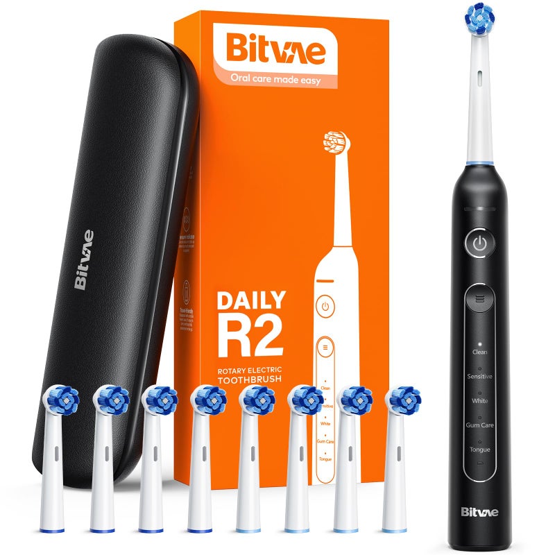 Bitvae R2 Rotating Electric Toothbrush for Adults with 8 Brush Heads, Travel Case, 5 Modes Rechargeable Power Toothbrush with Pressure Sensor, 3 Hours Fast Charge for 30 Days, Black - Image 1