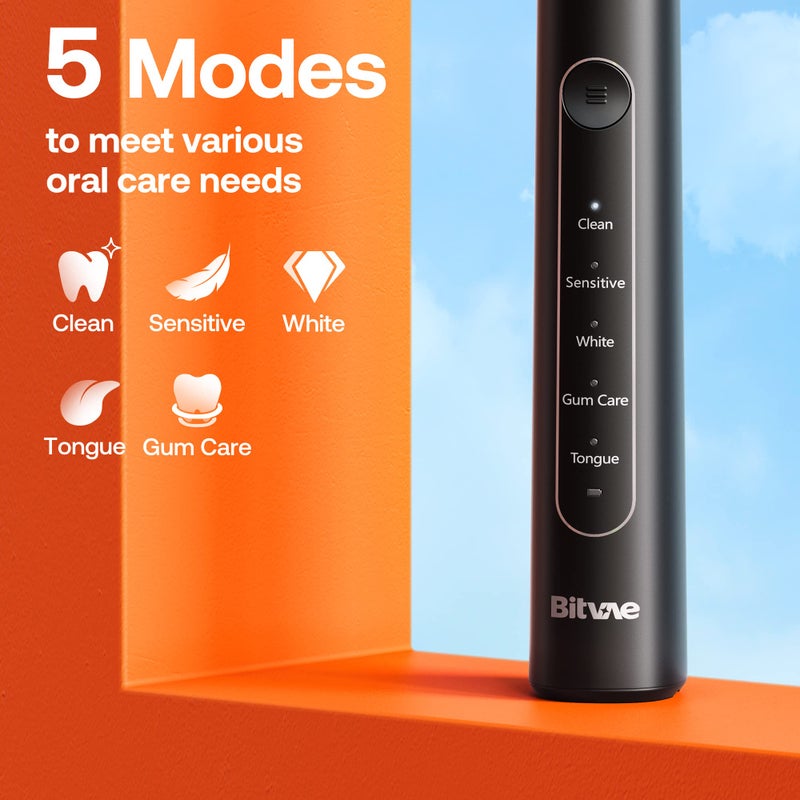 Bitvae R2 Rotating Electric Toothbrush for Adults with 8 Brush Heads, Travel Case, 5 Modes Rechargeable Power Toothbrush with Pressure Sensor, 3 Hours Fast Charge for 30 Days, Black - Image 5