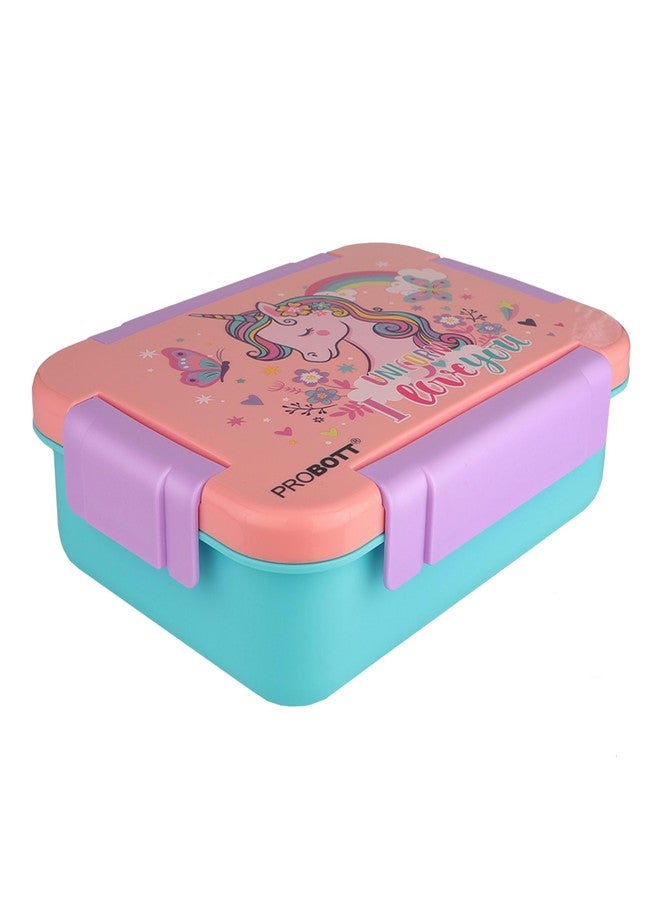 PROBOTT Lunch On 710 ml Stainless Steel Lunch Box, 3 Grid Tiffin Box, Character Lid PP Material Perfect for School, Office, Travel, Picnic | Orange+Sky Blue - Image 5