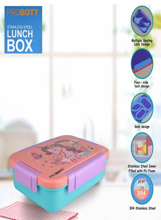 PROBOTT Lunch On 710 ml Stainless Steel Lunch Box, 3 Grid Tiffin Box, Character Lid PP Material Perfect for School, Office, Travel, Picnic | Orange+Sky Blue - Image 2