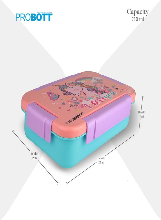 PROBOTT Lunch On 710 ml Stainless Steel Lunch Box, 3 Grid Tiffin Box, Character Lid PP Material Perfect for School, Office, Travel, Picnic | Orange+Sky Blue - Image 4