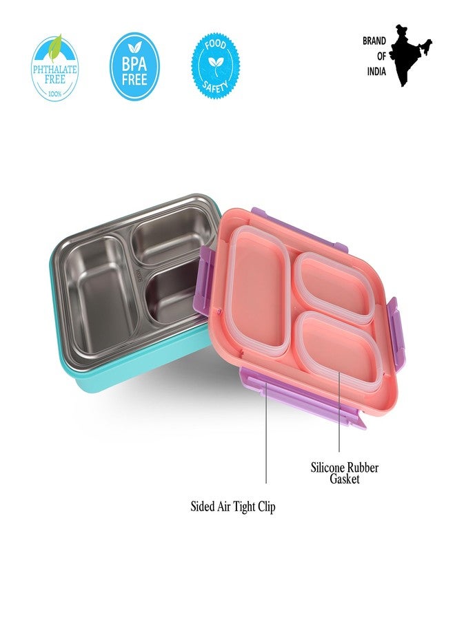 PROBOTT Lunch On 710 ml Stainless Steel Lunch Box, 3 Grid Tiffin Box, Character Lid PP Material Perfect for School, Office, Travel, Picnic | Orange+Sky Blue - Image 3