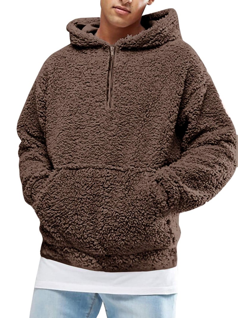 Runcati Mens Fuzzy Sherpa Pullover Hoodie Sweatshirts Fleece Long Sleeve 1/4 Zip Front Pocket Fall Outwear Winter Hooded - Image 1
