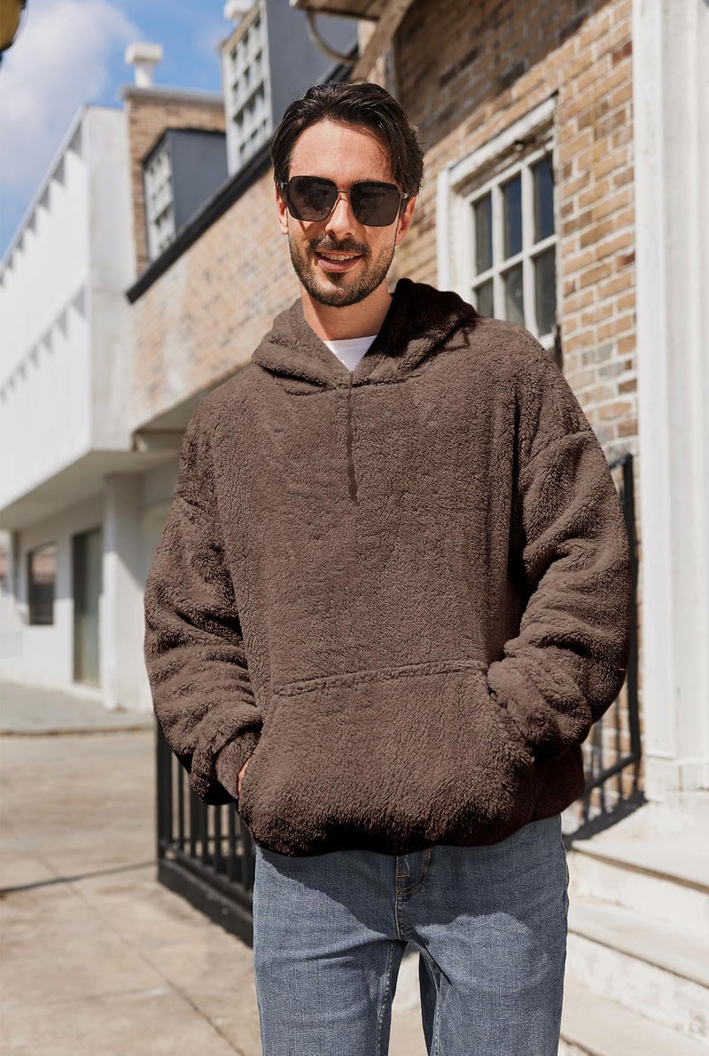 Runcati Mens Fuzzy Sherpa Pullover Hoodie Sweatshirts Fleece Long Sleeve 1/4 Zip Front Pocket Fall Outwear Winter Hooded - Image 2