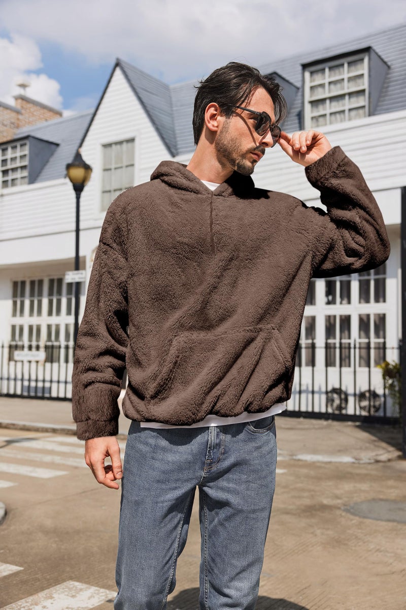 Runcati Mens Fuzzy Sherpa Pullover Hoodie Sweatshirts Fleece Long Sleeve 1/4 Zip Front Pocket Fall Outwear Winter Hooded - Image 3