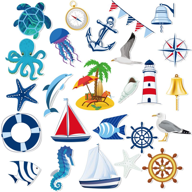BBTO 25 Pcs Cruise Door Magnetic Turtle Car Magnets Flip Flop Boat Anchor Cruise Ship Decorations Magnetic Fridge Magnetic Decal Life Preserver Ring Ship Steering Wheel DecorativeSea Color
