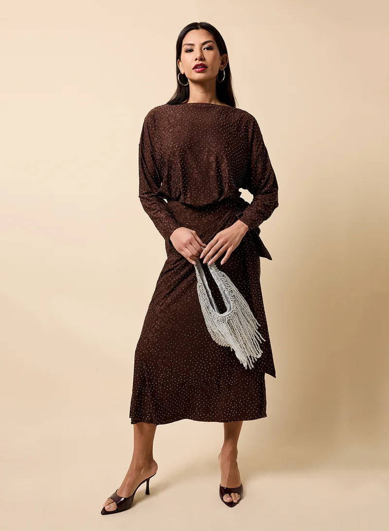 Little Mistress Wrap Detail Crew Neck Maxi Dress