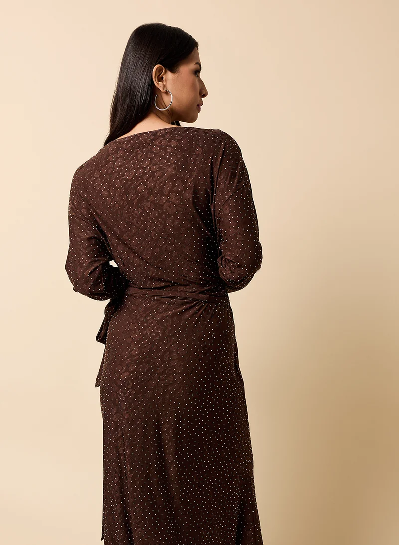 Little Mistress Wrap Detail Crew Neck Maxi Dress