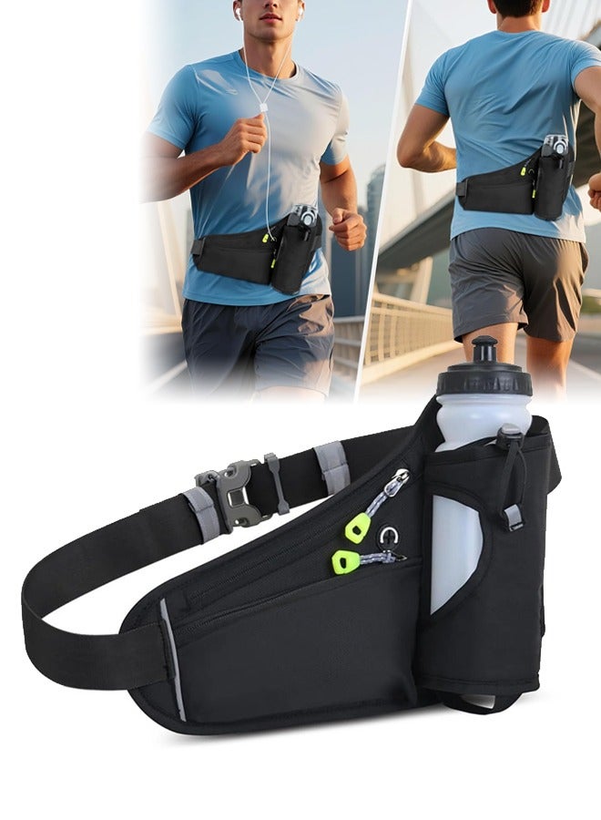 DUNISO حقيبة خصر للجري، حقيبة حزام مع حامل زجاجة ماء، شريط عاكس، حزام قابل للتعديل، مناسب للرجال والنساء، مناسب للجري، وركوب الدراجات، والمشي، أسود - Image 1