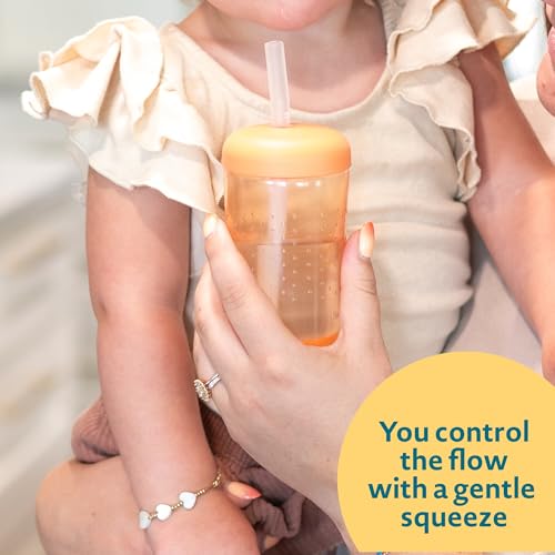 the FIRST years أكواب الشرب للرضع من The First Years Squeeze & Sip - كوب تدريبي قابل للضغط مع شفاطة سيليكون - مستلزمات تغذية الأطفال - أصفر/وردي/برتقالي - 7 أوقية - 3 قطع - للأعمار من 6 أشهر فما فوق - Image 3