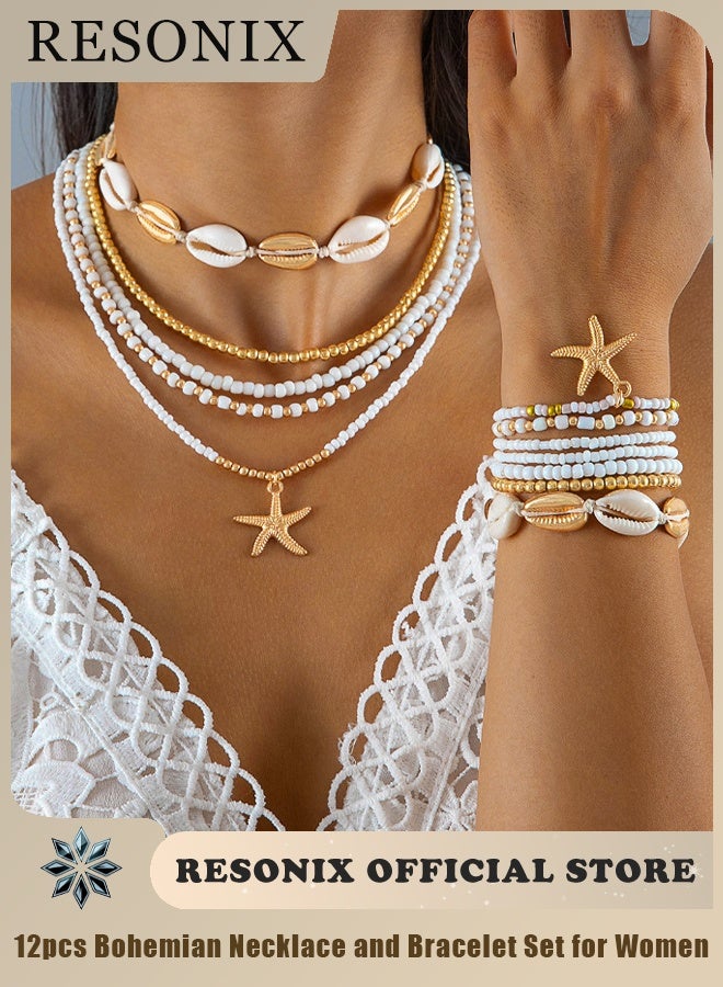RESONIX 12pcs Bohemian Necklace and Bracelet Set for Women – Rice Beads, Shells & Stars Design, Colorful Jewelry Accessories for Daily Wear, Parties, Beach & Special Occasions -（White） - Image 1
