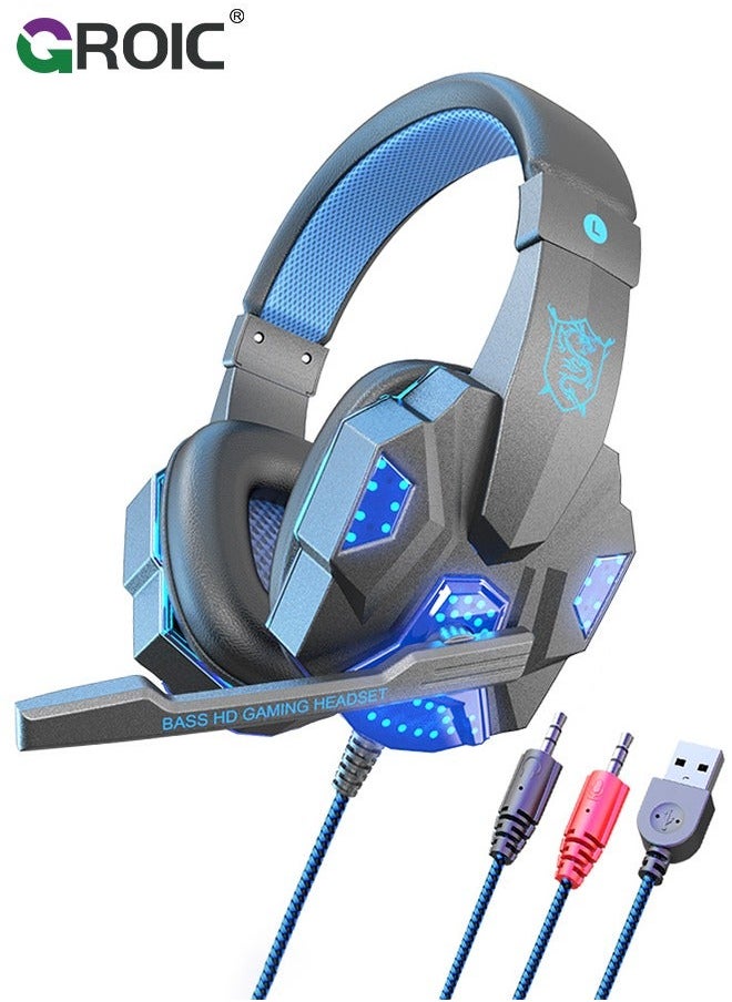 جرويك سماعة رأس سلكية للألعاب مع ميكروفون لجهاز PS4 PC Xbox One PS5، ضوء LED، محيطي باس، للكمبيوتر المحمول، سويتش، الهاتف إلغاء الضوضاء فوق سماعات الأذن  - Image 1