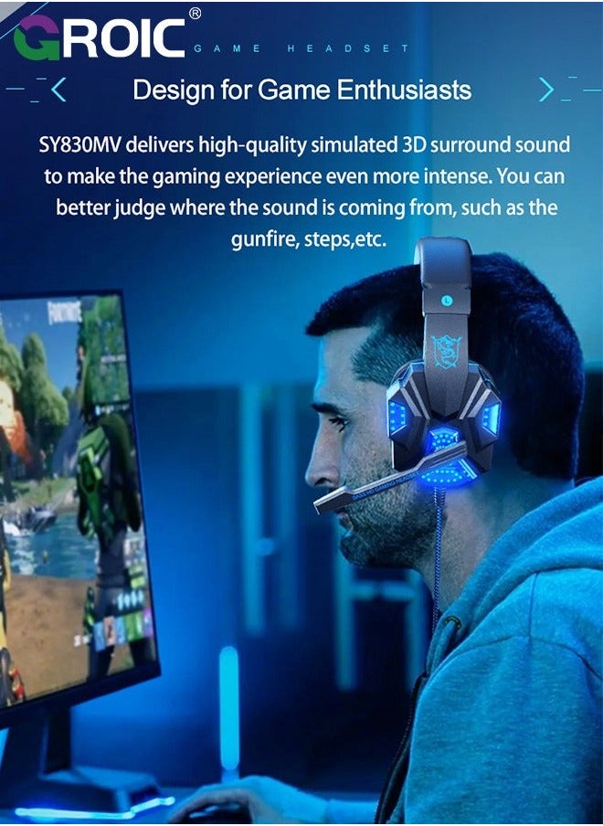 جرويك سماعة رأس سلكية للألعاب مع ميكروفون لجهاز PS4 PC Xbox One PS5، ضوء LED، محيطي باس، للكمبيوتر المحمول، سويتش، الهاتف إلغاء الضوضاء فوق سماعات الأذن  - Image 4