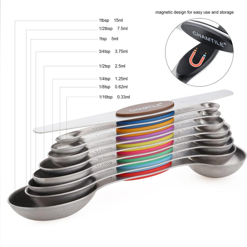 CHAMTILE Magnetic Measuring Spoons Set Stainless Steel Dual Sided Stackable Teaspoon Tablespoon Nesting Measuring Spoon for Measuring Dry and Liquid Ingredients Color - Image 2