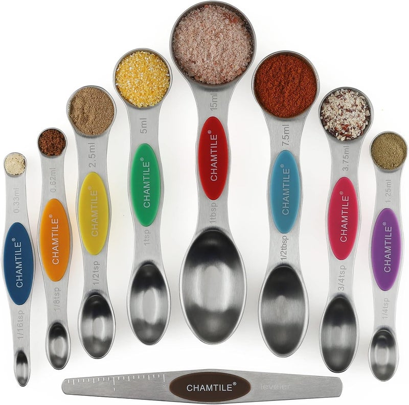 CHAMTILE Magnetic Measuring Spoons Set Stainless Steel Dual Sided Stackable Teaspoon Tablespoon Nesting Measuring Spoon for Measuring Dry and Liquid Ingredients Color - Image 1